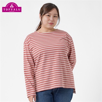 ＊TOPVALU＊コットン100長袖Tシャツ レディス 大きいサイズ noannu TV1123A6186(ピンク×アイボリー-LL)