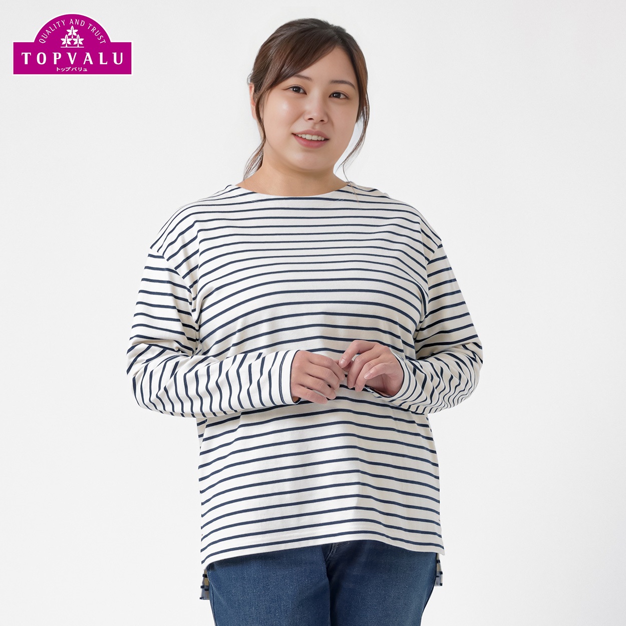 ＊TOPVALU＊コットン100長袖Tシャツ レディス 大きいサイズ noannu TV1123A6186(アイボリー×ネイビー-LL)