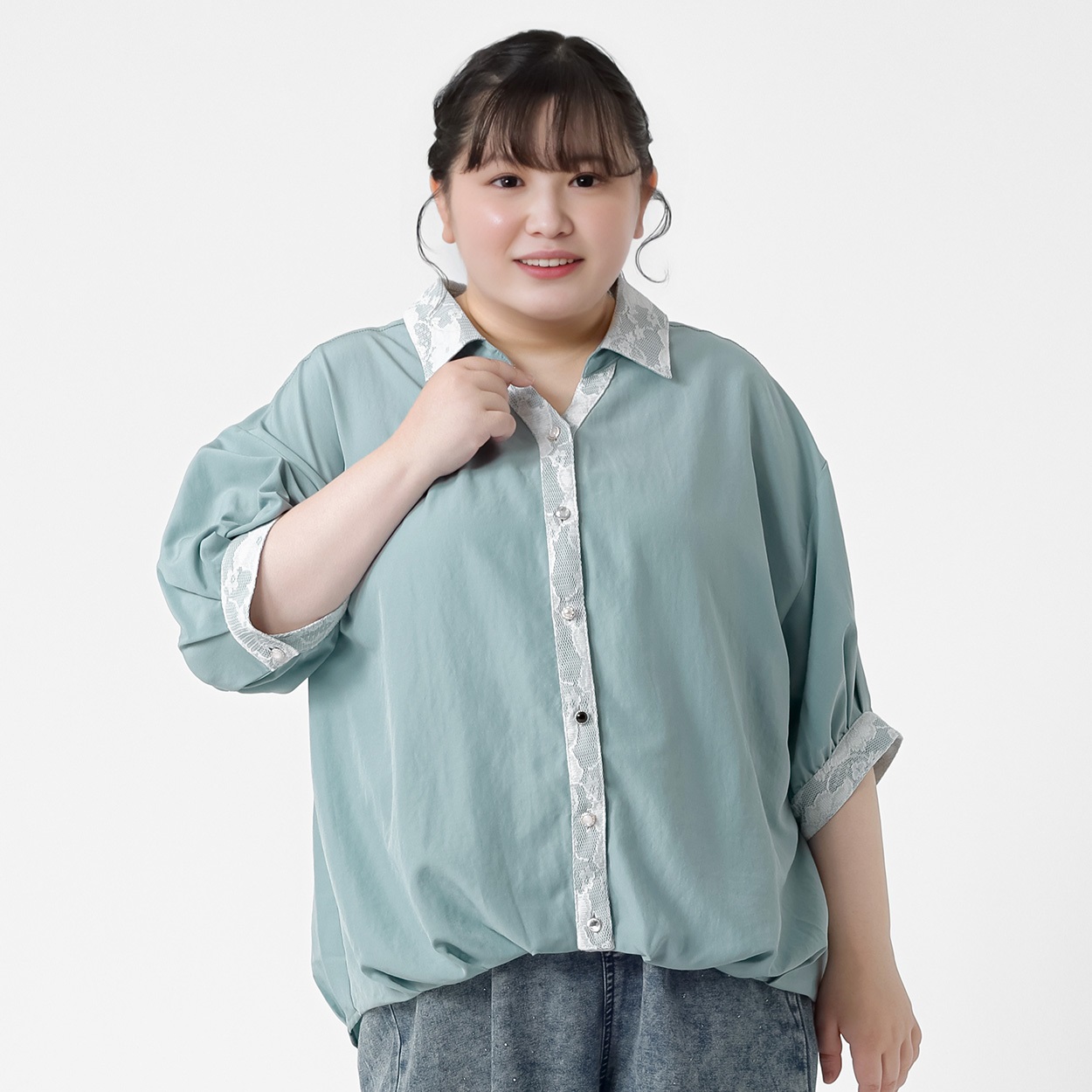 多釦レース使いタックブラウス レディス ぽっちゃりサイズのnoannu 811457LN(サックスミント-4L)
