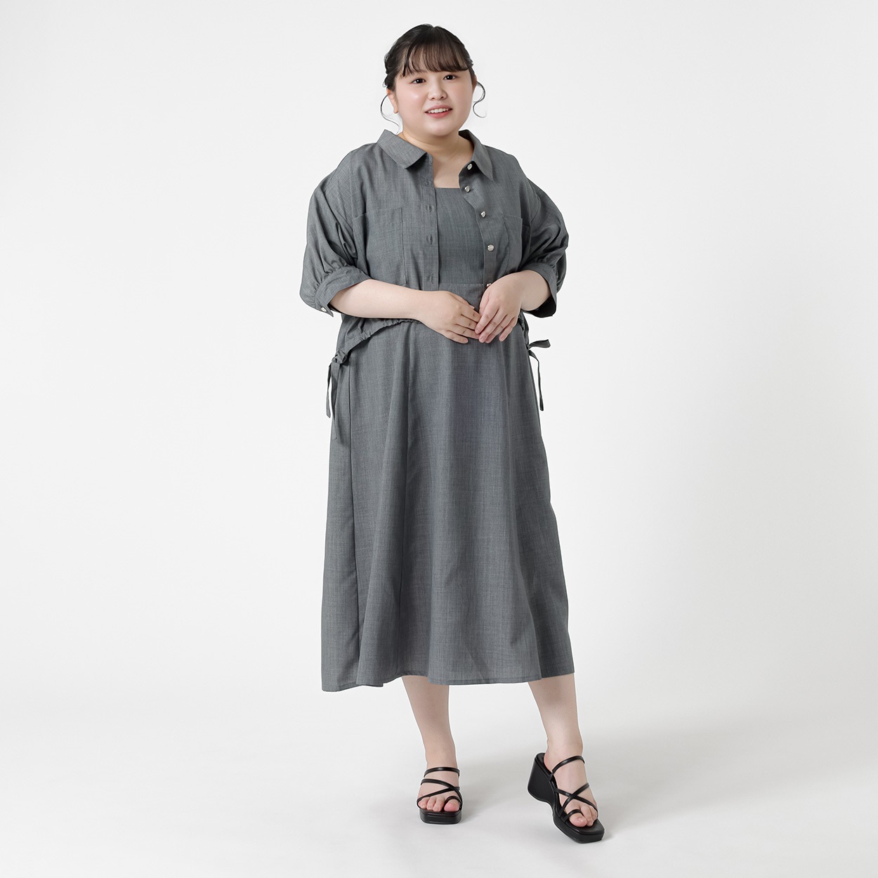 麻調シャツ＆キャミワンピセットアップ レディス ぽっちゃりサイズの