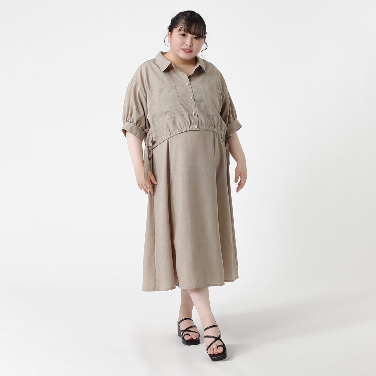麻調シャツ＆キャミワンピセットアップ レディス ぽっちゃりサイズの