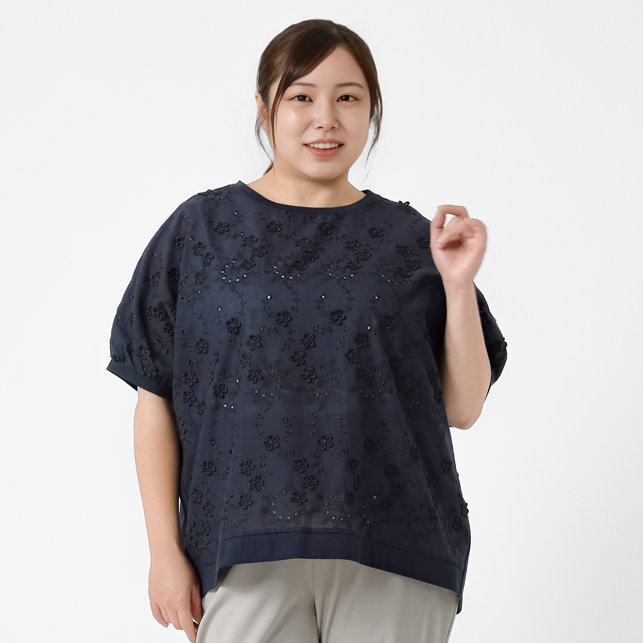 ＊ICE TOUCH＊前身3D刺繍切り替えトップス レディス 大きいサイズ noannu 363503(ネイビー-4L)