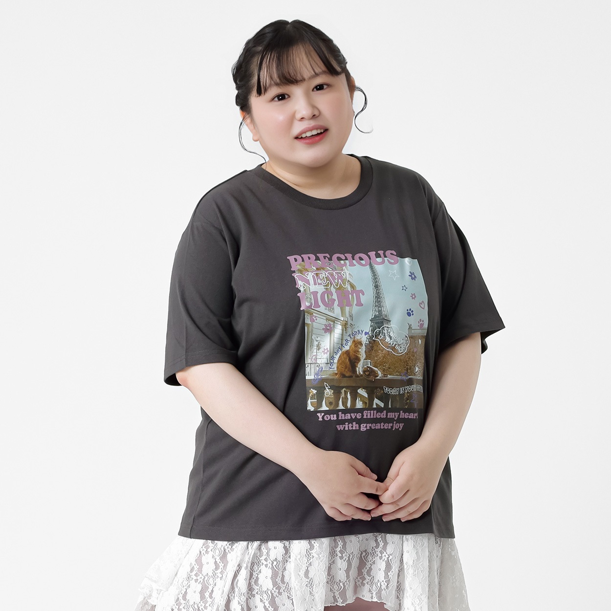 ＊韓国っぽガーリー＊落書き転写ネコプリントTシャツ レディス ぽっちゃりサイズのnoannu 276150(グレー-3L)