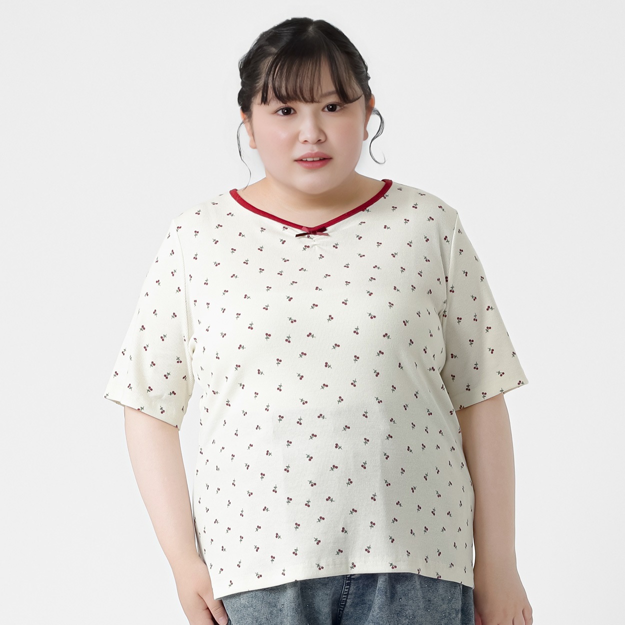 ＊韓国っぽガーリー＊チェリー総柄テレコTシャツ レディス ぽっちゃりサイズのnoannu 276151(アイボリー-3L)