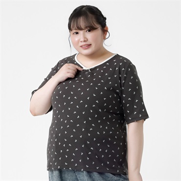 ＊韓国っぽガーリー＊チェリー総柄テレコTシャツ レディス ぽっちゃりサイズのnoannu 276151(グレー-3L)
