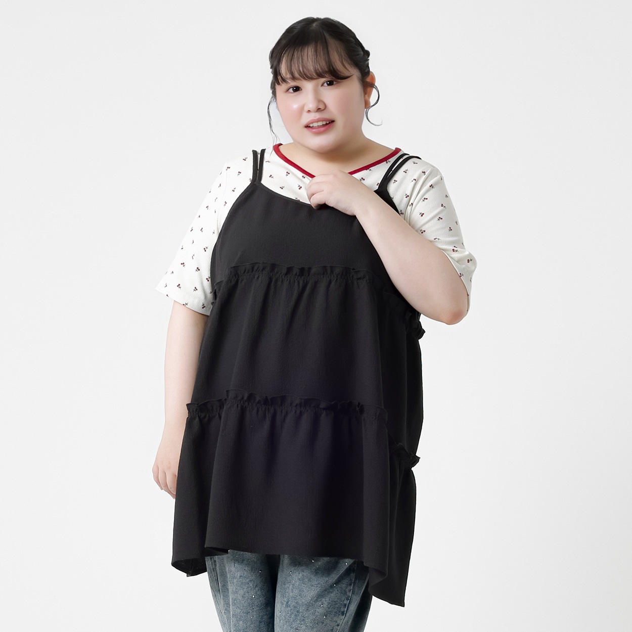 ＊韓国っぽガーリー＊ティアードキャミチュニック レディス ぽっちゃりサイズのnoannu 396882(ブラック-3L)