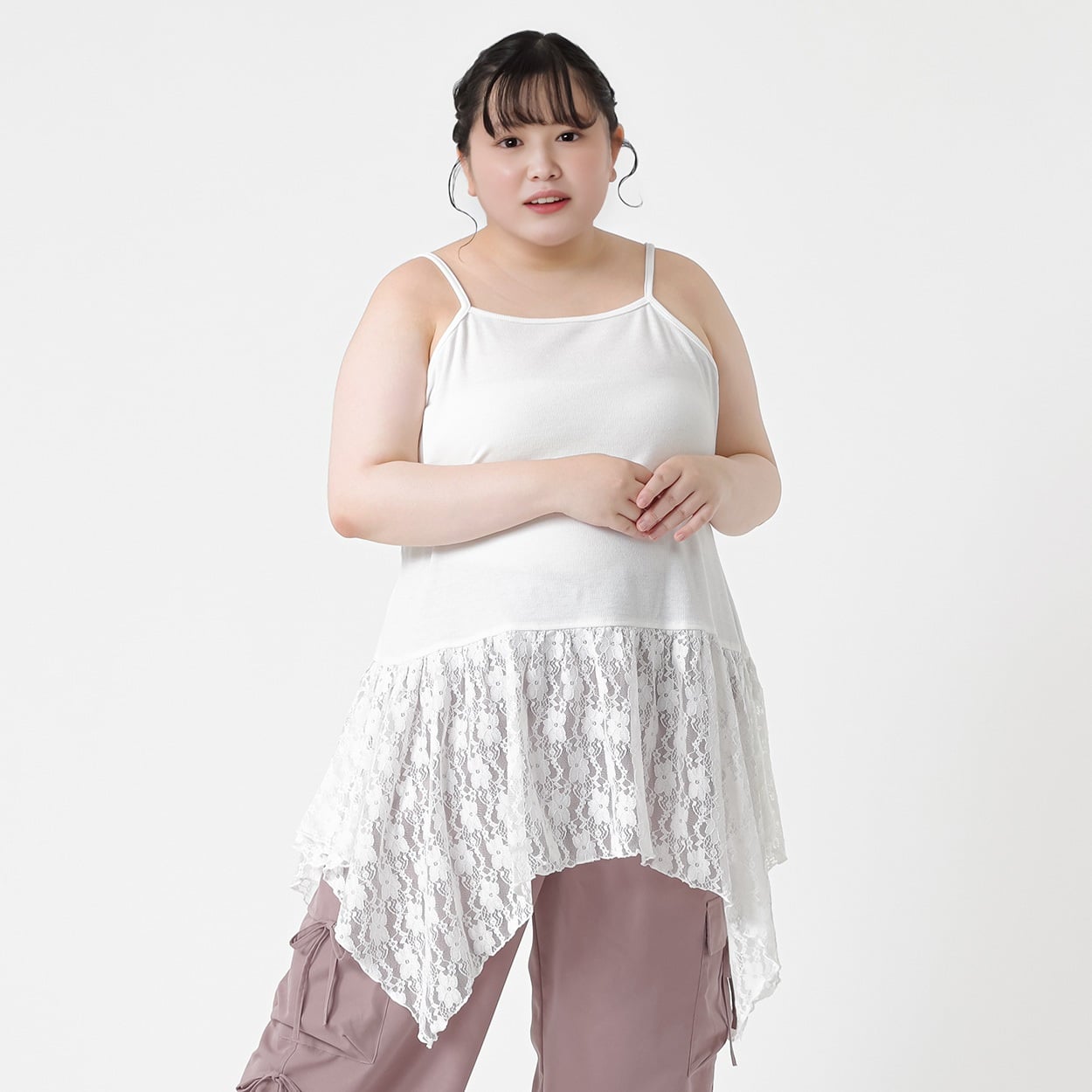 ＊韓国っぽガーリー＊イレヘム裾レースキャミチュニック レディス ぽっちゃりサイズのnoannu 376353(オフ-5L)