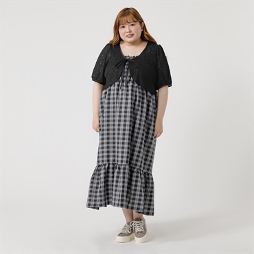 パフスリーブカーデ＆チェックキャミワンピ レディス ぽっちゃりサイズのnoannu 811474LN(ブラック-3L)