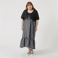 パフスリーブカーデ＆チェックキャミワンピ レディス ぽっちゃりサイズのnoannu 811474LN(ブラック-3L)