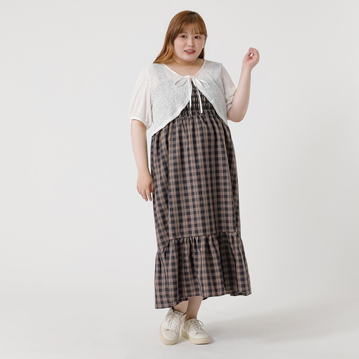 パフスリーブカーデ＆チェックキャミワンピ レディス ぽっちゃりサイズのnoannu 811474LN(ネイビー-LL)