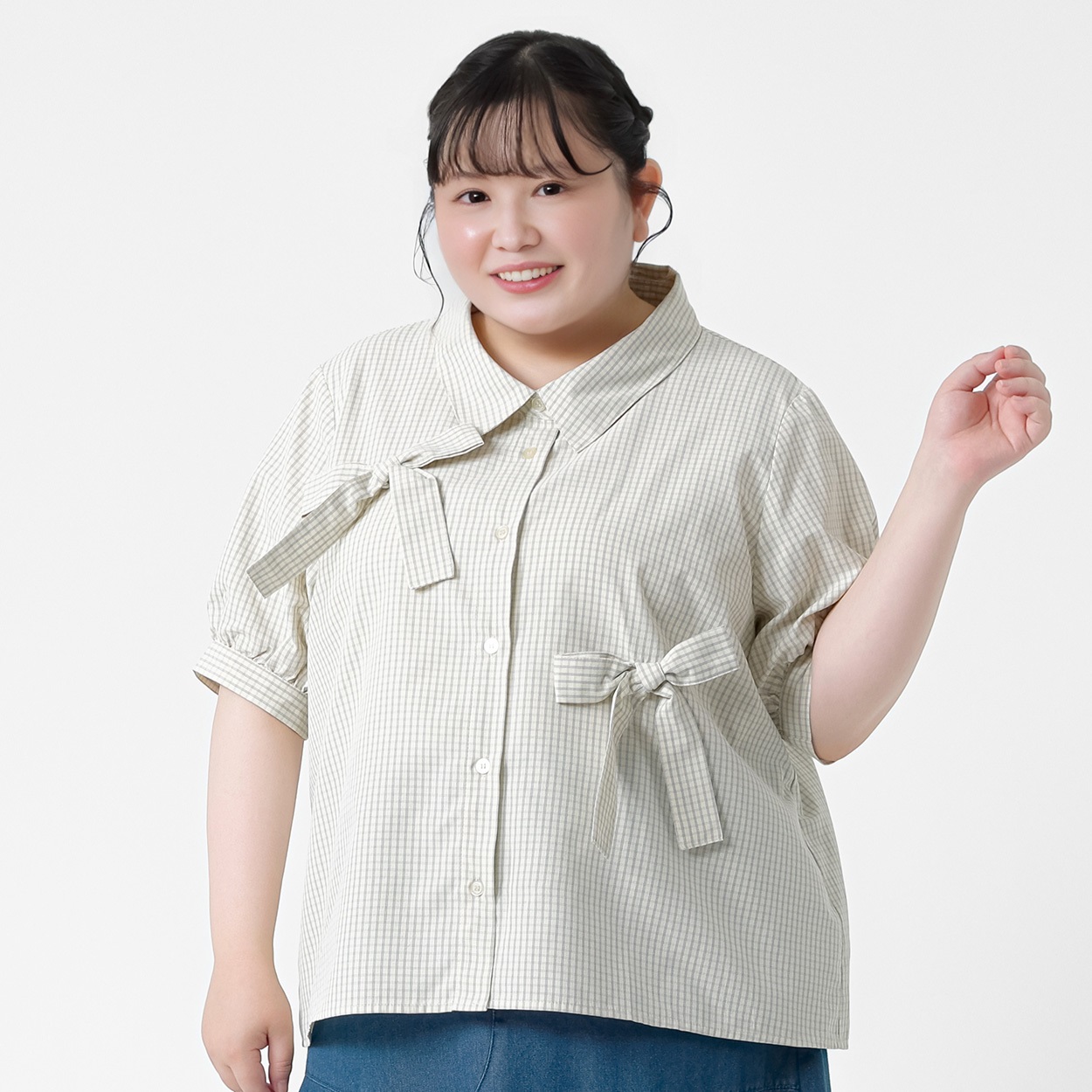 ＊韓国っぽガーリー＊アシンメトリーリボンシャツ レディス ぽっちゃりサイズのnoannu 1226470(アイボリー-4L)