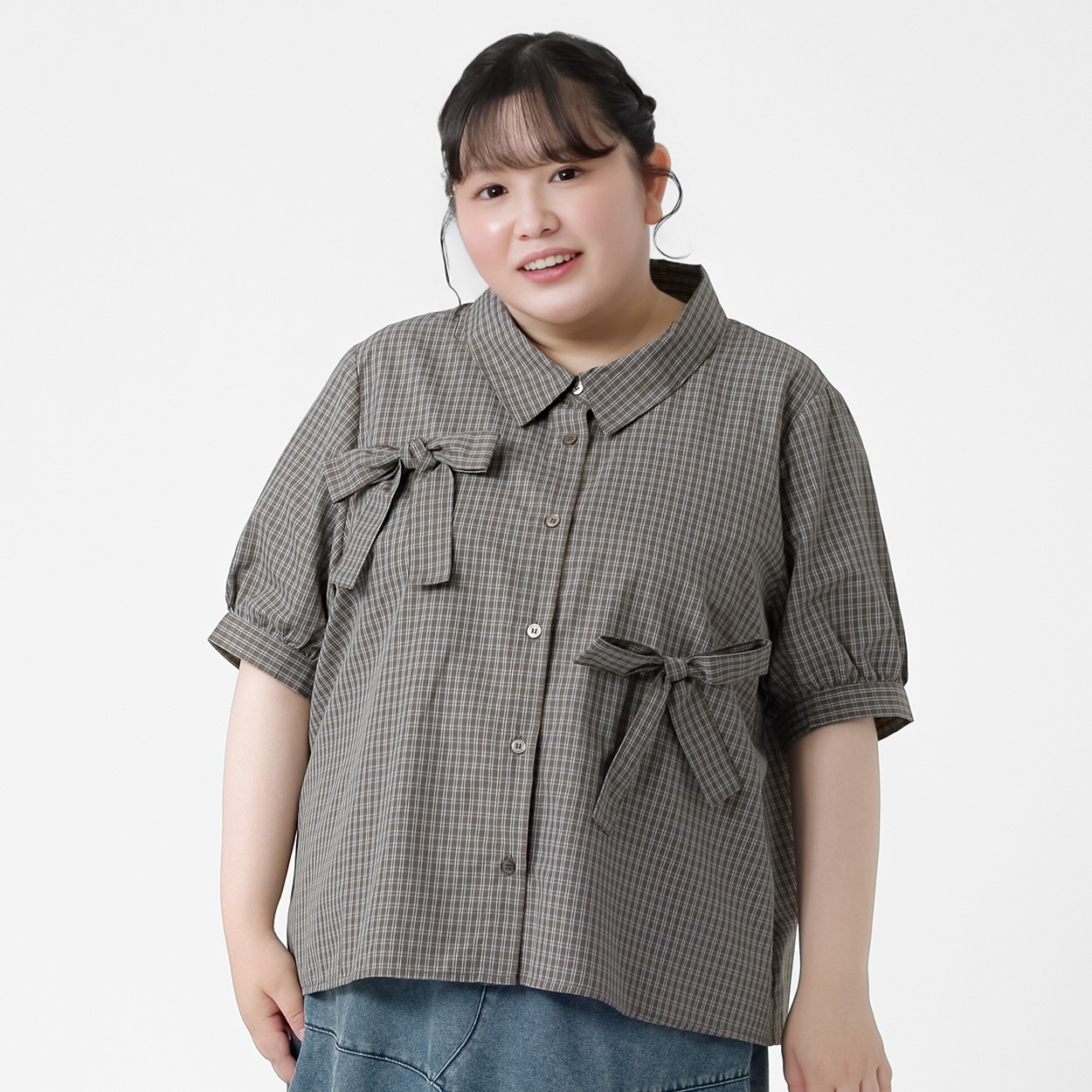 ＊韓国っぽガーリー＊アシンメトリーリボンシャツ レディス ぽっちゃりサイズのnoannu 1226470(ブラウン-5L)