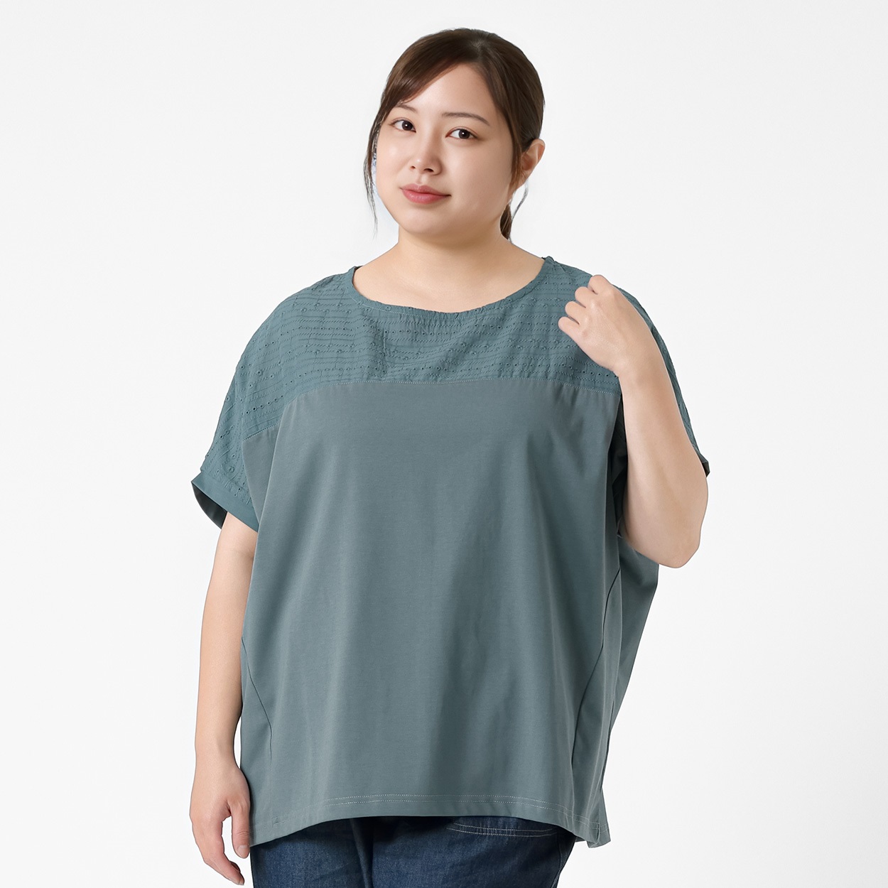 ＊ICE TOUCH＊刺繍切り替えドルマンプルオーバー レディス 大きいサイズ noannu AN261HY018(ミント-5L)