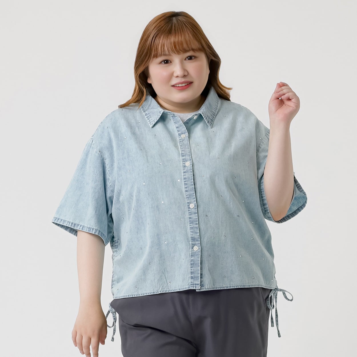 ＊韓国っぽガーリー＊デニムラインストーンシャツ レディス ぽっちゃりサイズのnoannu 346076(ブルー-5L)