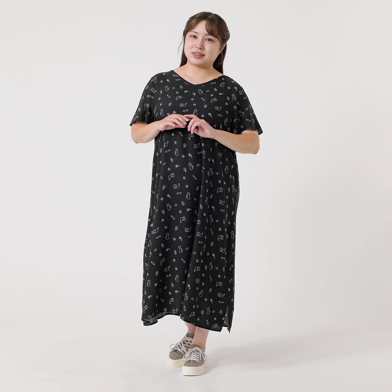 レーヨン半袖ワンピース レディス 大きいサイズ noannu 232345L(ブラック(ネコ)-3L)