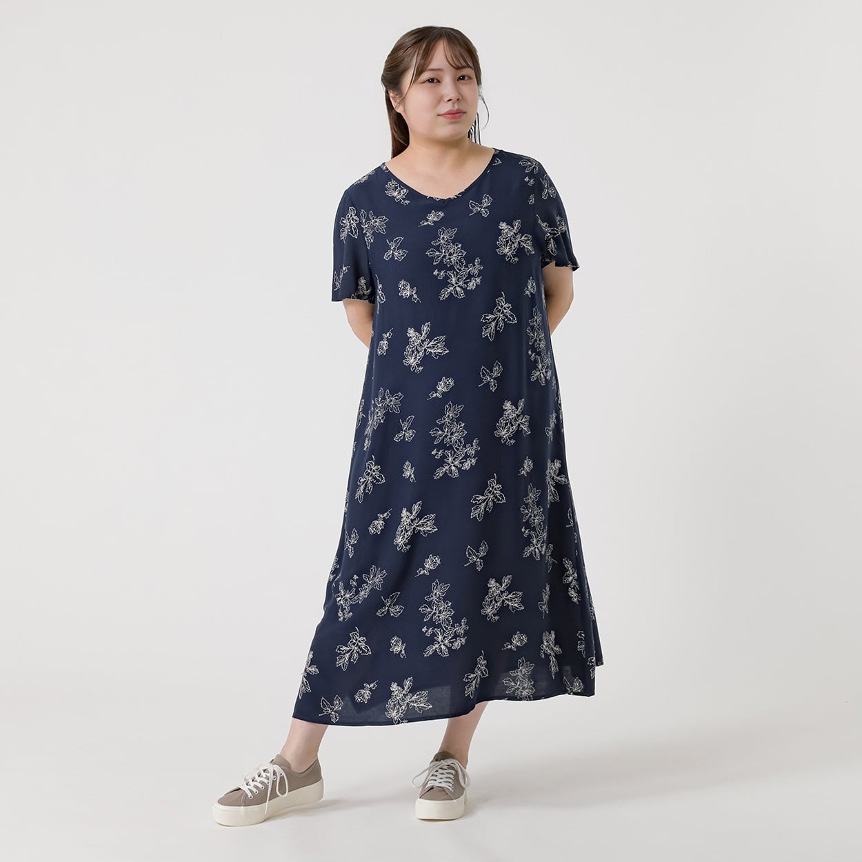 レーヨン半袖ワンピース レディス 大きいサイズ noannu 232345L(ネイビー(花)-4L)