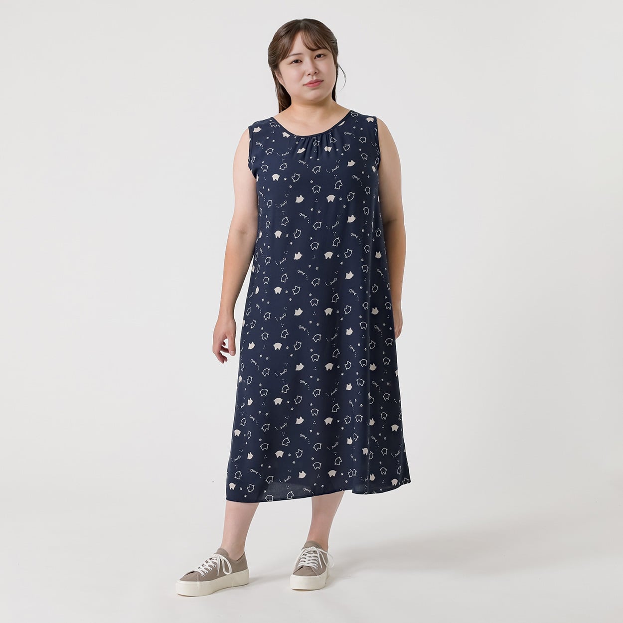 レーヨンノースリーブワンピース レディス 大きいサイズ noannu 232346L(ネイビー(ネコ)-4L)