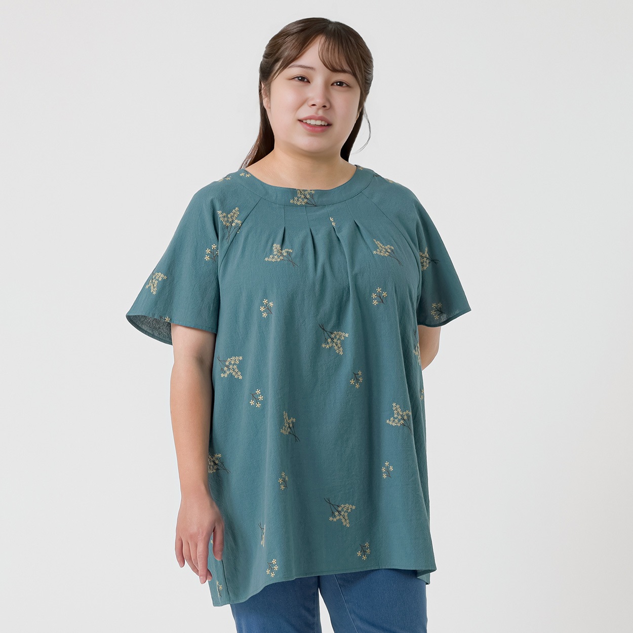 ＊Naturax＊5分袖刺繍チュニック レディス 大きいサイズ noannu 232348L(グリーン-4L)