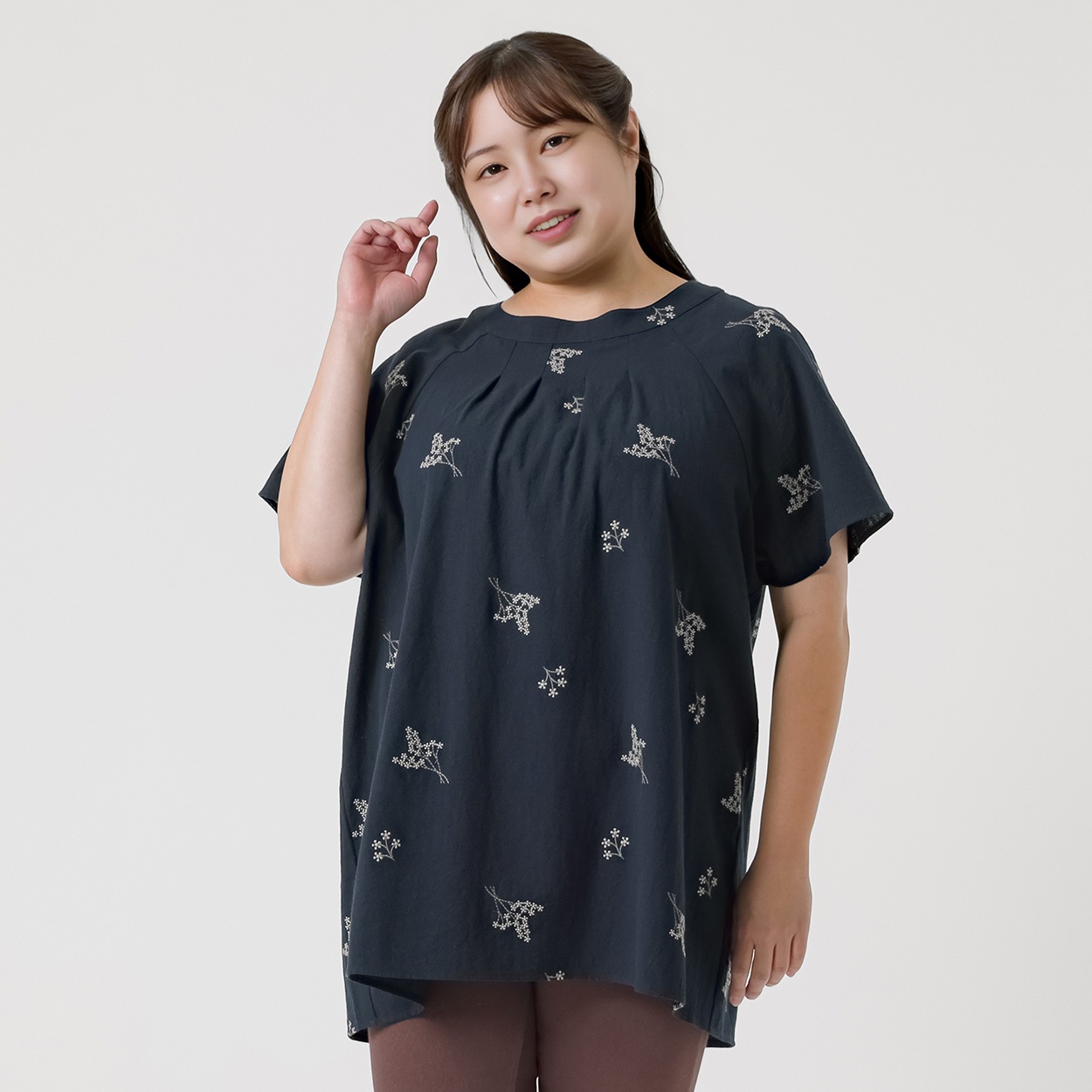 ＊Naturax＊5分袖刺繍チュニック レディス 大きいサイズ noannu 232348L(ネイビー-3L)