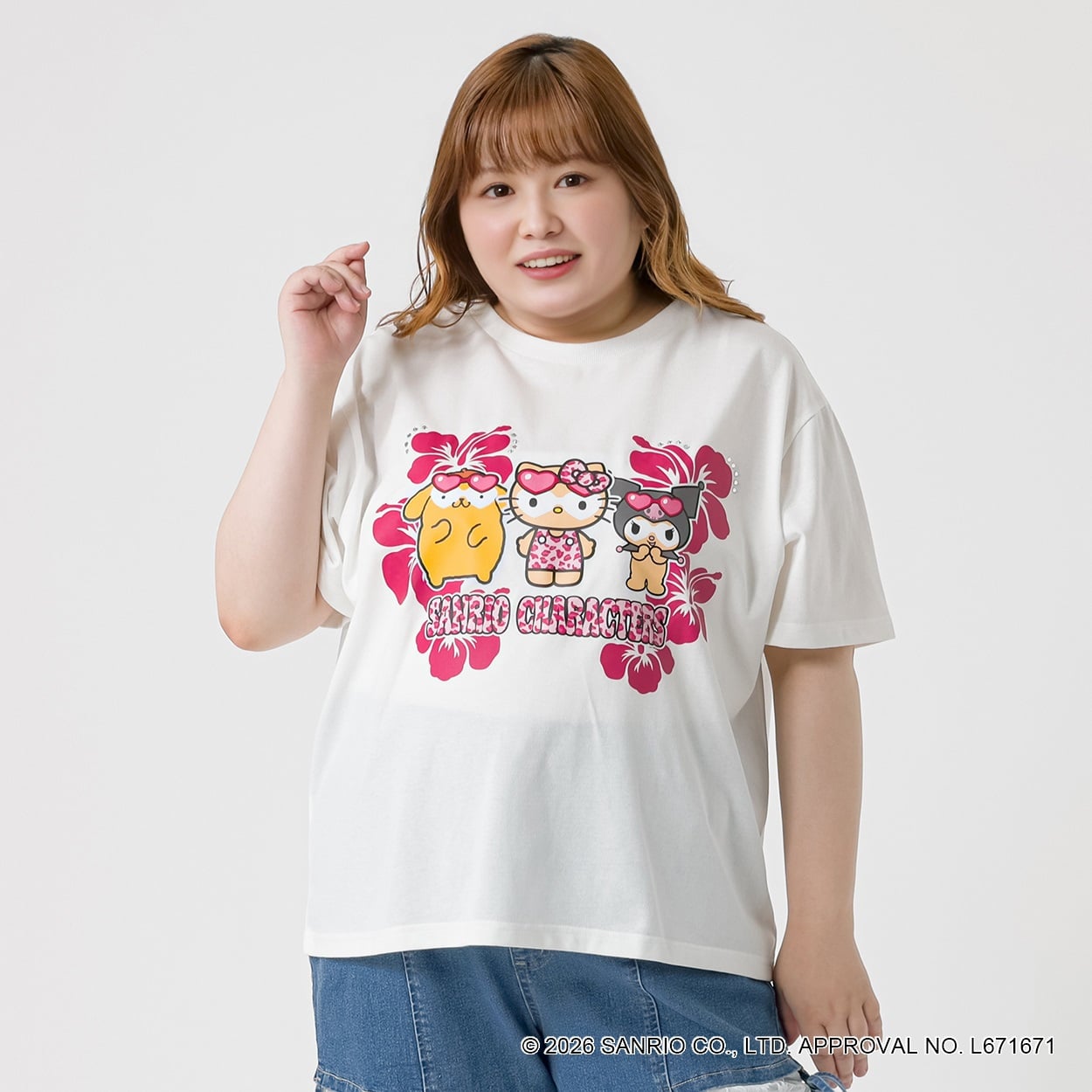 ＊サンリオキャラクターズコラボ＊ ハイビスカスTシャツ レディス ぽっちゃりサイズのnoannu 2286242(ホワイト-LL)