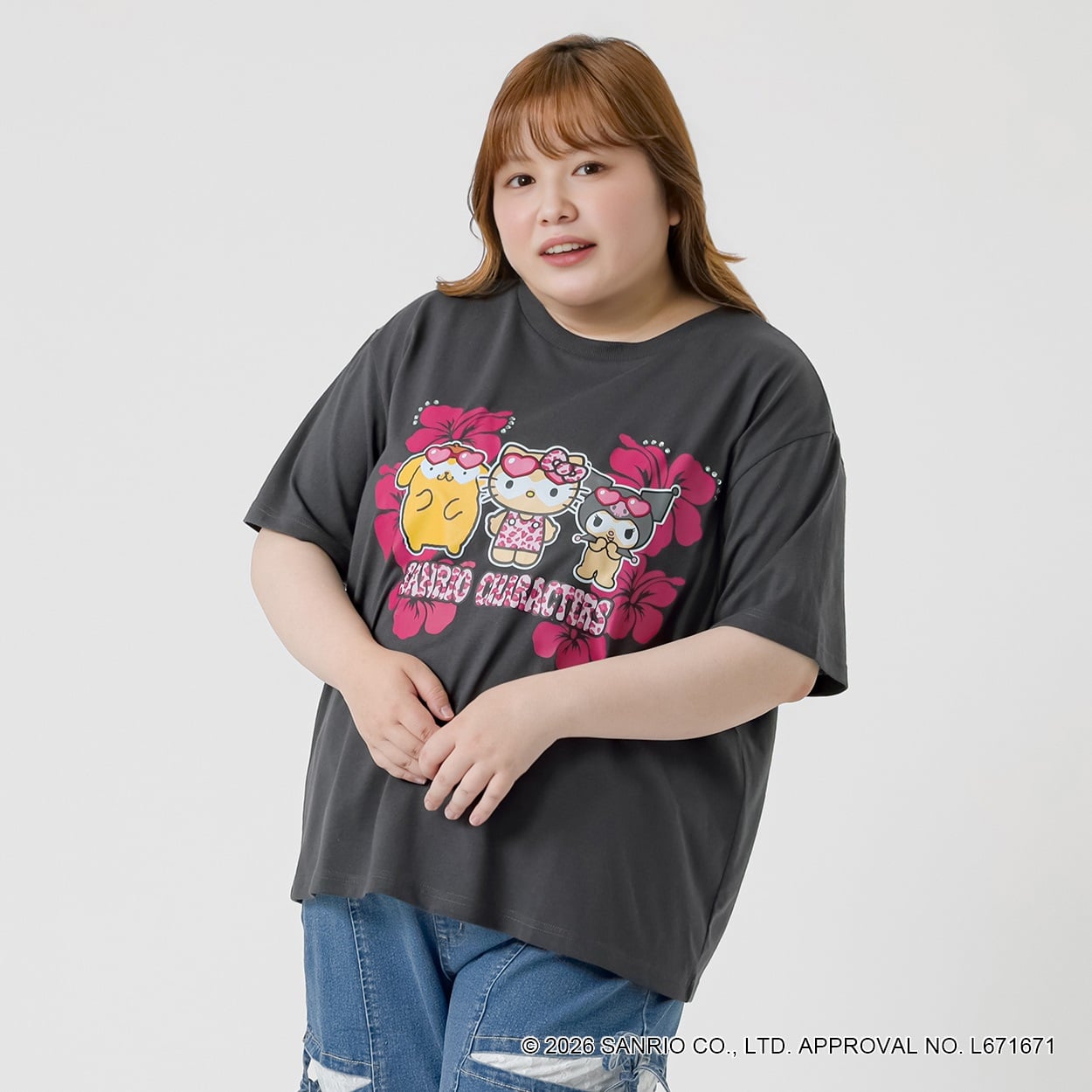 ＊サンリオキャラクターズコラボ＊ ハイビスカスTシャツ レディス ぽっちゃりサイズのnoannu 2286242(スミクロ-LL)