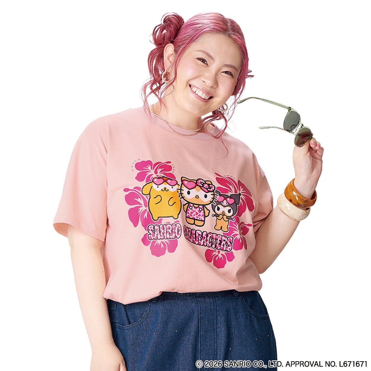 ＊サンリオキャラクターズコラボ＊ ハイビスカスTシャツ レディス ぽっちゃりサイズのnoannu 2286242(ピンク-LL)