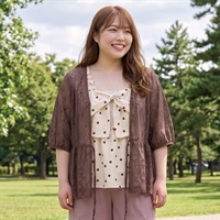 ＊韓国っぽガーリー＊フロントリボンレースカーディガン レディス ぽっちゃりサイズのnoannu 276173(ブラウン-3L)
