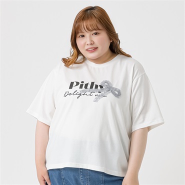 ＊韓国っぽガーリー＊5分袖チュールリボンロゴTシャツ レディス ぽっちゃりサイズのnoannu 276174
