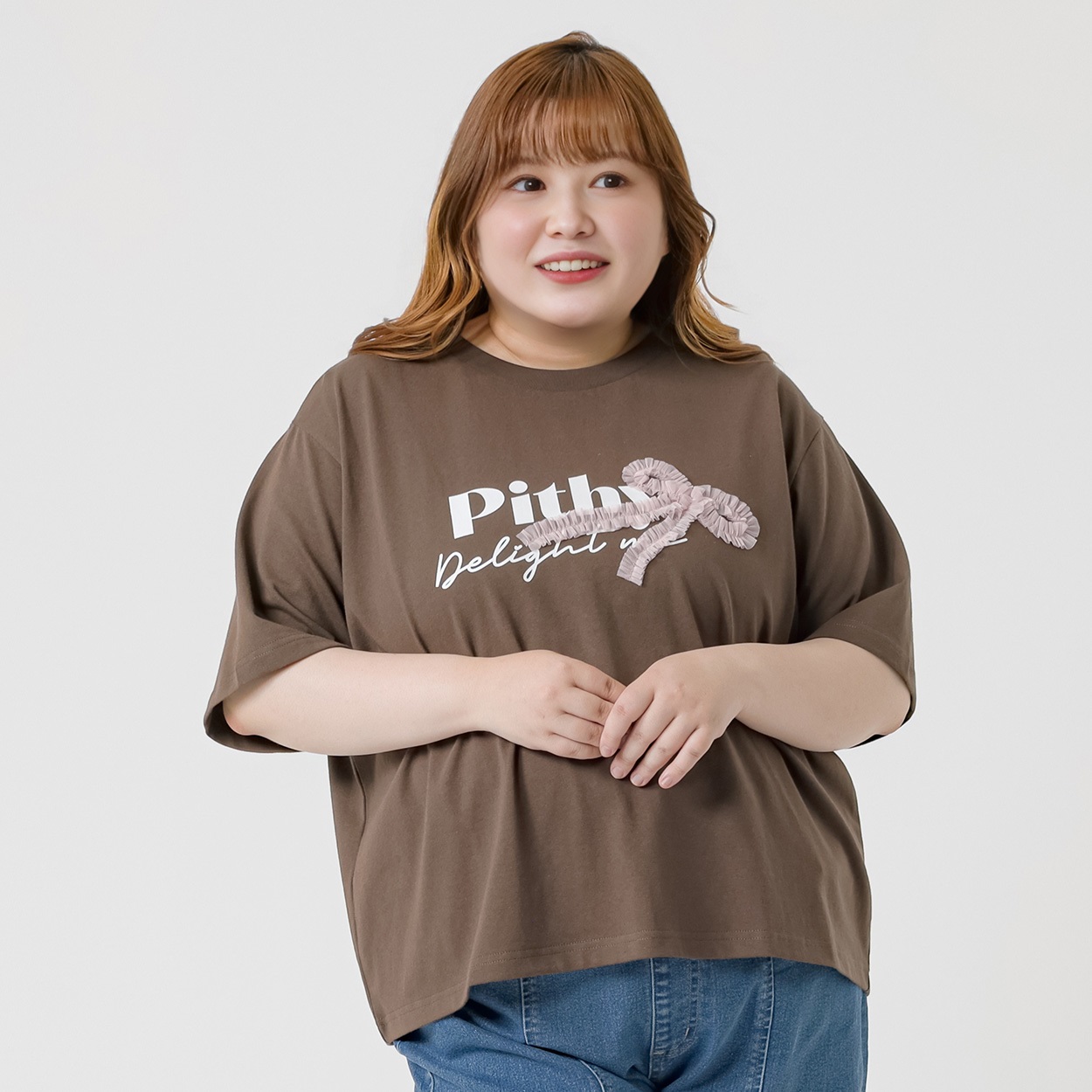 ＊韓国っぽガーリー＊5分袖チュールリボンロゴTシャツ レディス ぽっちゃりサイズのnoannu 276174(ブラウン-3L)