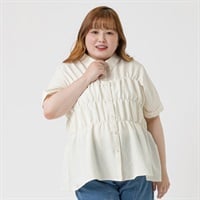 ＊韓国っぽガーリー＊5分袖シャーリングシャツ レディス ぽっちゃりサイズのnoannu 346102(アイボリー-3L)