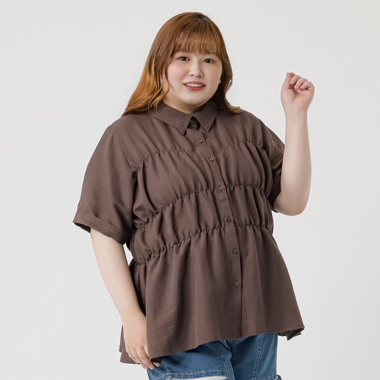 ＊韓国っぽガーリー＊5分袖シャーリングシャツ レディス ぽっちゃりサイズのnoannu 346102(ブラウン-3L)