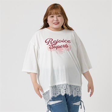 ＊韓国っぽガーリー＊5分袖裾レースプリントTシャツ レディス ぽっちゃりサイズのnoannu 3806217