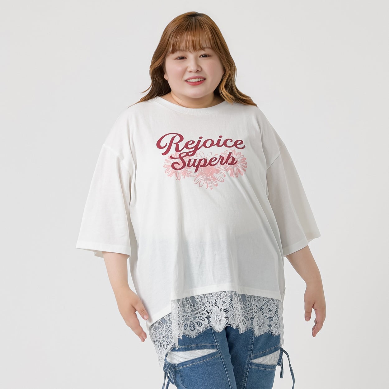 ＊韓国っぽガーリー＊5分袖裾レースプリントTシャツ レディス ぽっちゃりサイズのnoannu 3806217(オフ-4L)