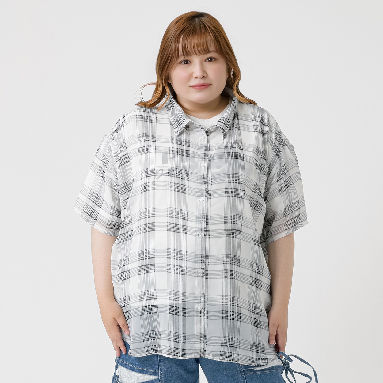 5分袖シアーチェックシャツ レディス ぽっちゃりサイズのnoannu 396883(オフ-5L)