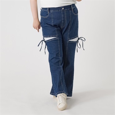 ＊K-style＊デニム脇リボンレースフレアパンツ レディス ぽっちゃりサイズのnoannu 336826(ブルー-LL)