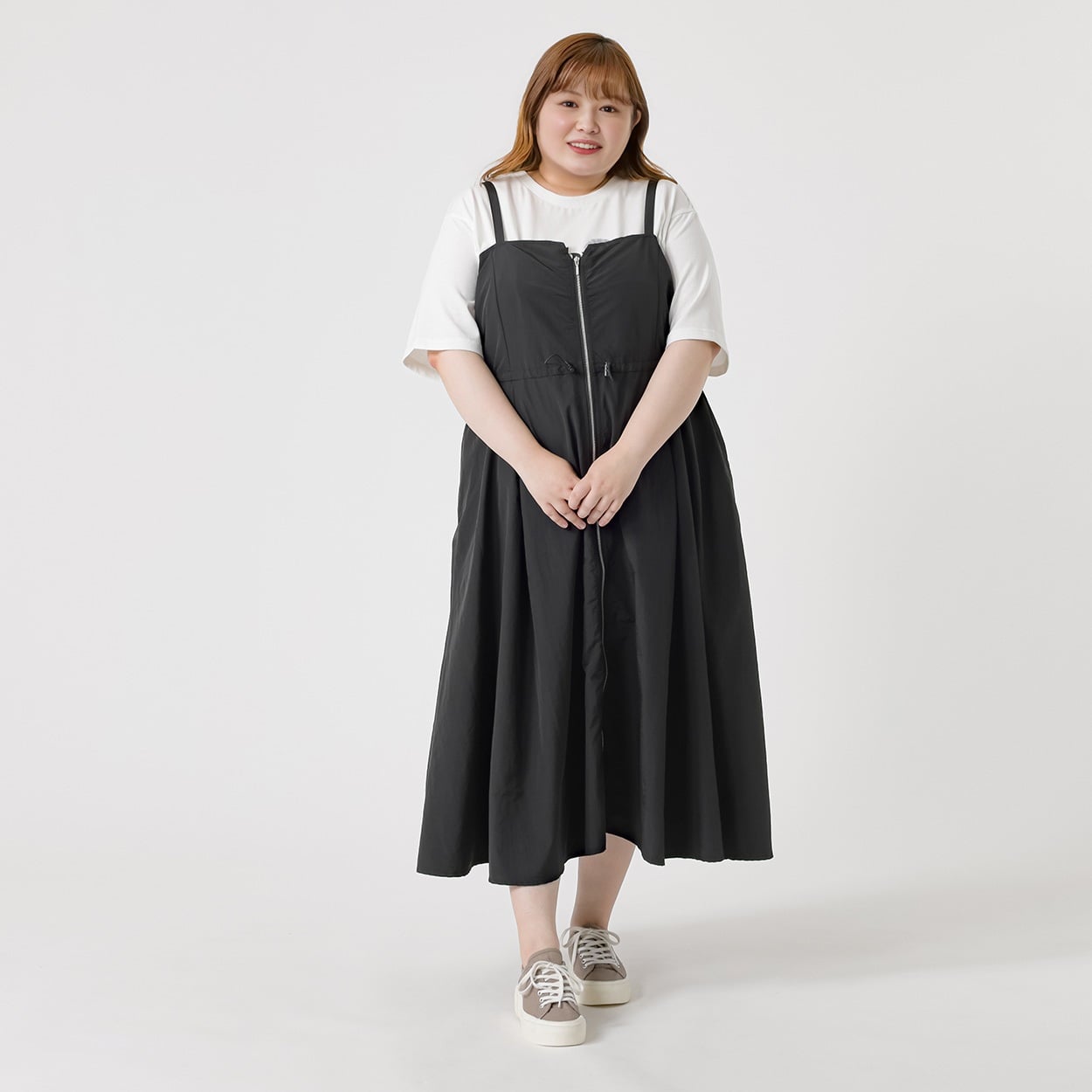 ＊韓国っぽガーリー＊ナイロン風フロントZIPワンピース レディス ぽっちゃりサイズのnoannu 336834(ブラック-4L)