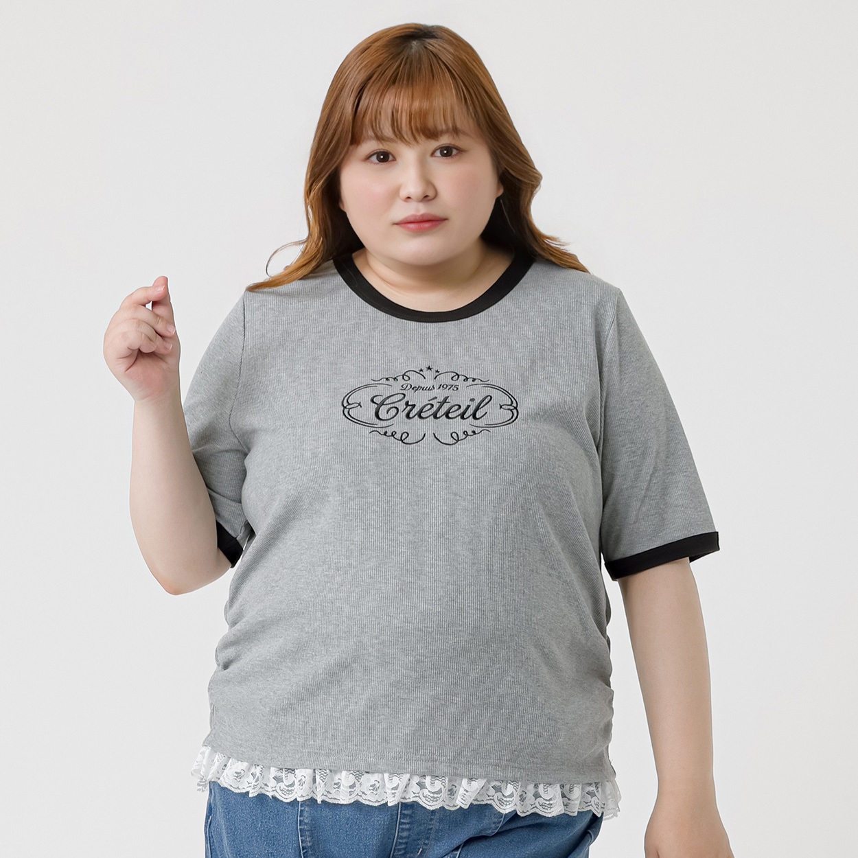 ＊K-style＊裾レースギャザーリンガーTシャツ レディス ぽっちゃりサイズのnoannu 276203(杢グレー-3L)