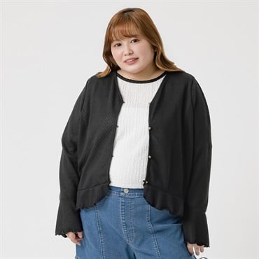 ＊K-style＊裾フリルベル袖カーディガン レディス ぽっちゃりサイズのnoannu 276204(ブラック-3L)