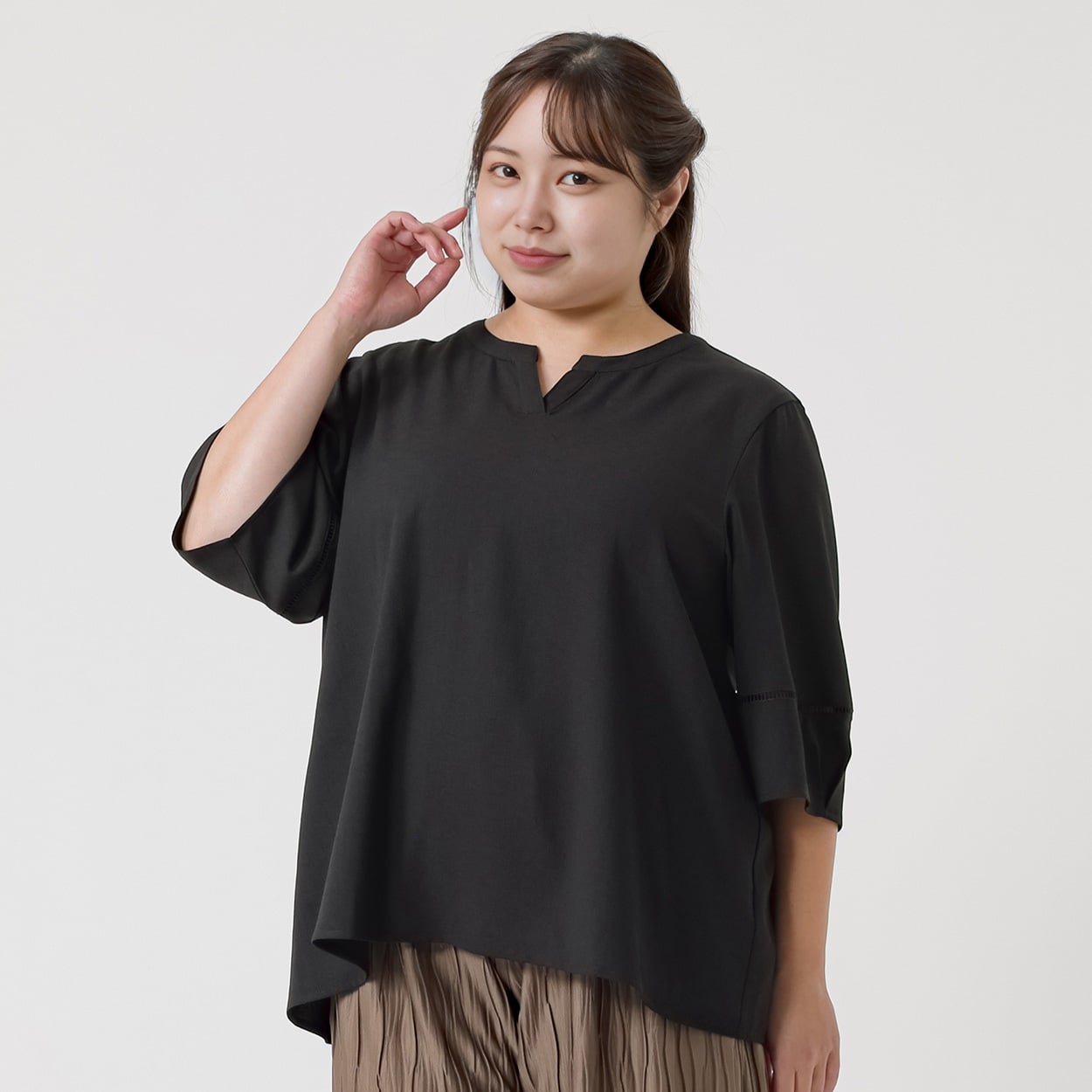 ＊キレイージー＊5分袖スキッパーブラウス レディス 大きいサイズ noannu 232350L(ブラック-5L)