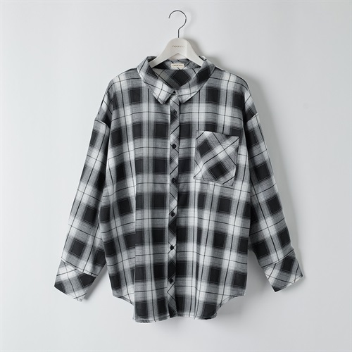 ＊K-style＊ルーズチェックシャツ レディス ぽっちゃりサイズのnoannu 346362(ブラック-LL)