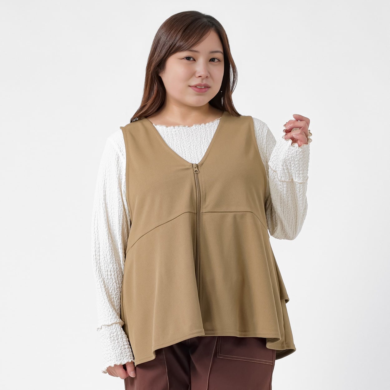 カットツイルZIPベスト レディス 大きいサイズ noannu 648336VP(キャメル-5L)