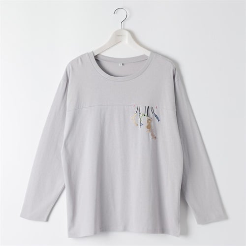 コットン100猫モチーフ胸刺繍Tシャツ レディス 大きいサイズ noannu 1980-3246A(ライトグレー-3L)