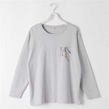 コットン100猫モチーフ胸刺繍Tシャツ レディス 大きいサイズ noannu 1980-3246A(ライトグレー-3L)