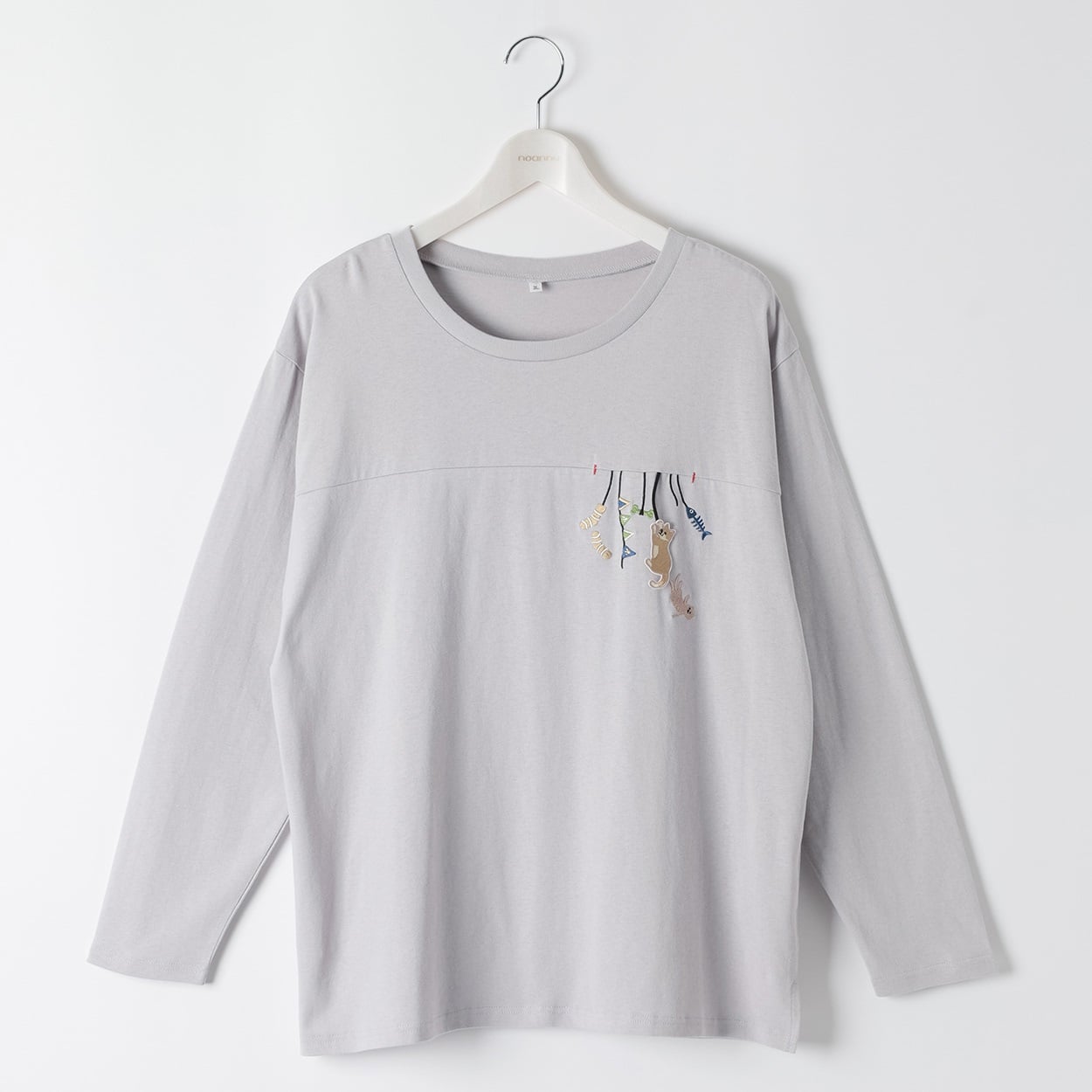 コットン100猫モチーフ胸刺繍Tシャツ レディス 大きいサイズ noannu 1980-3246A(ライトグレー-4L)