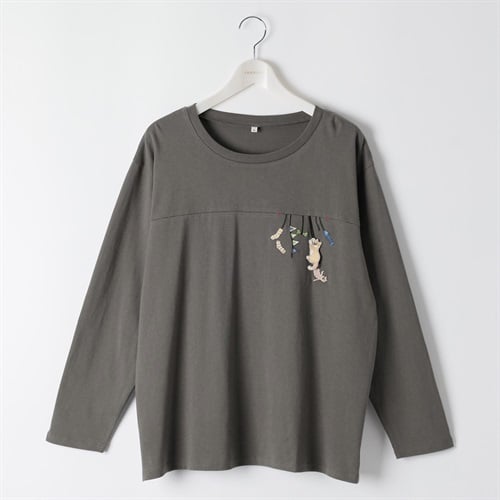 コットン100猫モチーフ胸刺繍Tシャツ レディス 大きいサイズ noannu 1980-3246A(チャコ－ルグレ－-3L)