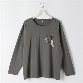 コットン100猫モチーフ胸刺繍Tシャツ レディス 大きいサイズ noannu 1980-3246A(チャコ－ルグレ－-3L)