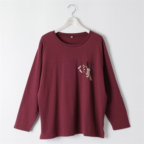 コットン100猫モチーフ胸刺繍Tシャツ レディス 大きいサイズ noannu 1980-3246A