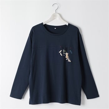 コットン100猫モチーフ胸刺繍Tシャツ レディス 大きいサイズ noannu 1980-3246A(ネイビー-3L)