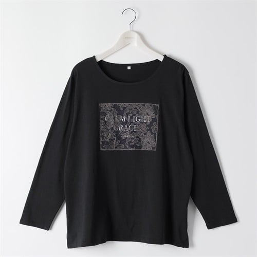 コットン100レースプリントTシャツ レディス 大きいサイズ noannu 1980-3246C(ブラック-3L)