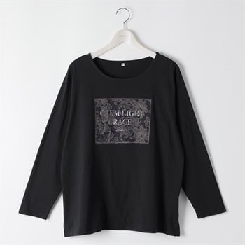 コットン100レースプリントTシャツ レディス 大きいサイズ noannu 1980-3246C(ブラック-3L)
